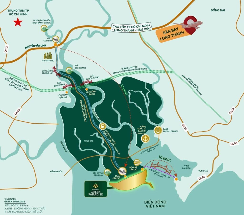 Bản đồ vị trí dự án Vinhomes Green Paradise với đường vượt biển Cần Giờ Vũng Tàu