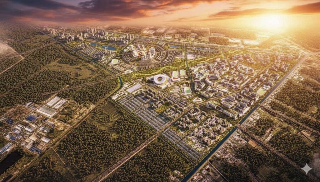 Hình phối cảnh dự án Vinhomes Hóc Môn khi hoàng hôn buông xuống